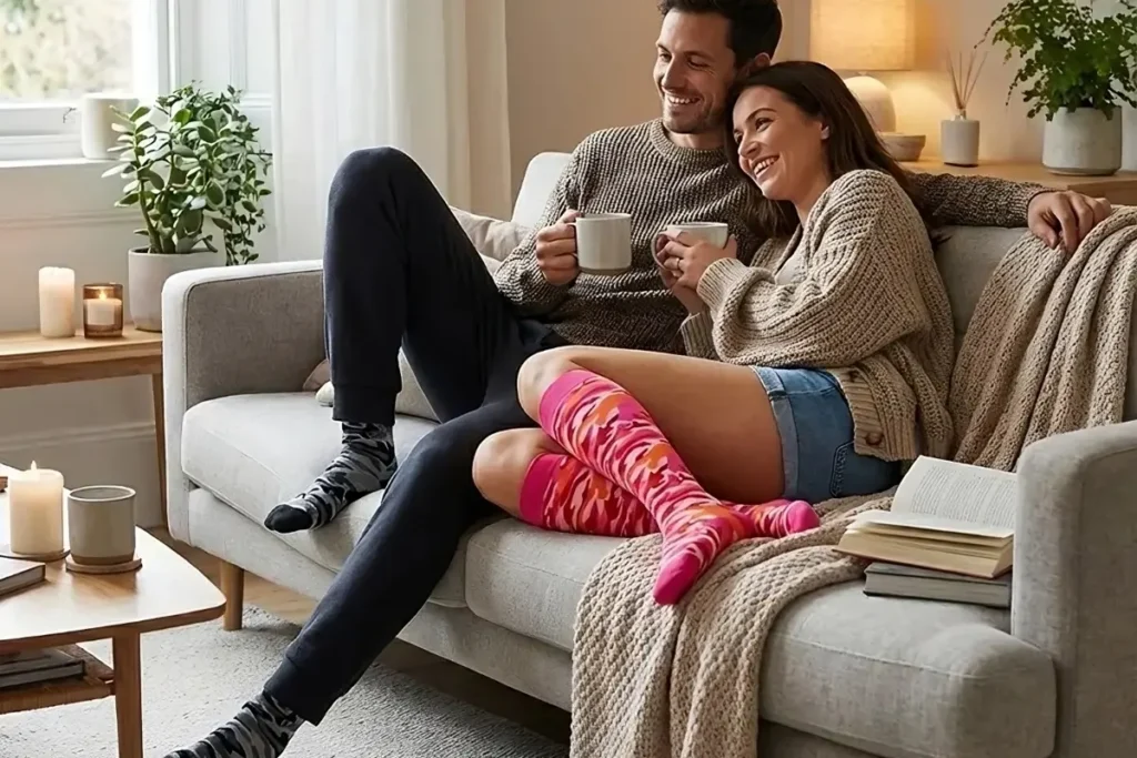 Chaussettes de contention fantaisie camouflage rose, motif vif, récupération sportive.