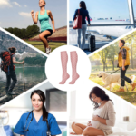 Chaussettes de contention roses à pois blancs 15-20 mmHg, confortables et stylées pour jambes légères.