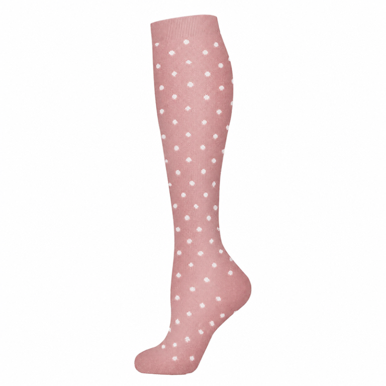 Chaussettes de contention roses à pois blancs 15-20 mmHg, confortables et stylées pour jambes légères.