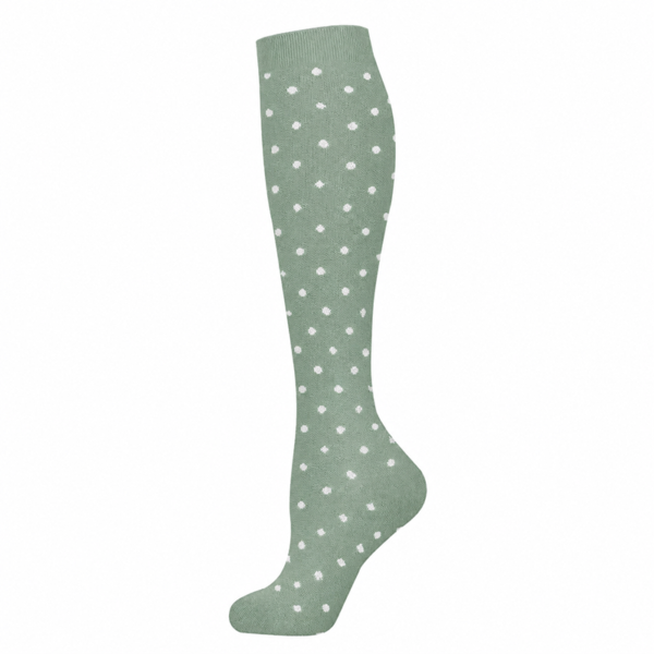 Chaussettes de contention vert sauge à pois blancs, 15-20 mmHg, pour style et jambes légères.