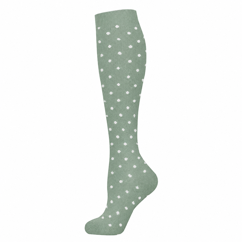 chaussettes-compression-graduée-vertes-petits-pois-blancs3 Chaussettes de contention vert sauge à pois blancs, 15-20 mmHg, pour style et jambes légères.