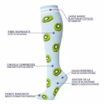 Chaussettes de contention "Délit de Kiwi" bleu ciel, motifs kiwi, pour jambes légères.