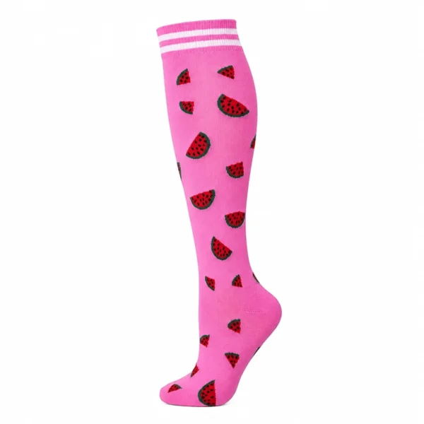 Chaussettes de contention Pastèque Splash roses à motifs pastèque et rayures blanches.