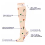Chaussettes de contention beige clair motif pêches fruitées, haut côtelé à rayures.