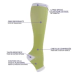 Mi-bas de contention vert pomme pieds ouverts, compression 15-20mmHg, avec bande et talon blancs.
