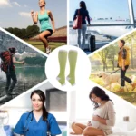 Mi-bas de contention vert pomme pieds ouverts, compression 15-20mmHg, avec bande et talon blancs.